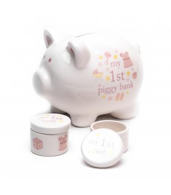 Spaarvarken en tand en haarlokdoosje roze